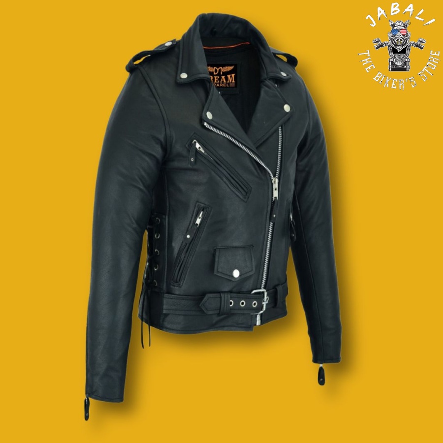 Women Motorcycle Classic Leather Jacket Premier Cowhide Leather Gun Pockets Side Laces Jabali The Biker Store 02