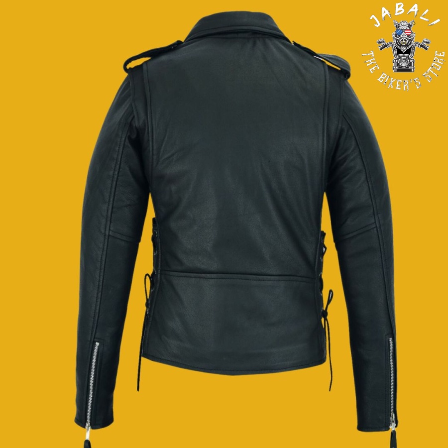 Women Motorcycle Classic Leather Jacket Premier Cowhide Leather Gun Pockets Side Laces Jabali The Biker Store 05