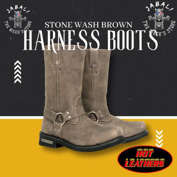 Hot Leathers Stone Wash Brown Harness Boots